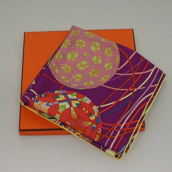 HERMES Carre 90 Scarf ""L’Art du Temari"" Silk Purple gray Auth yk18757 - Picture 1 of 16